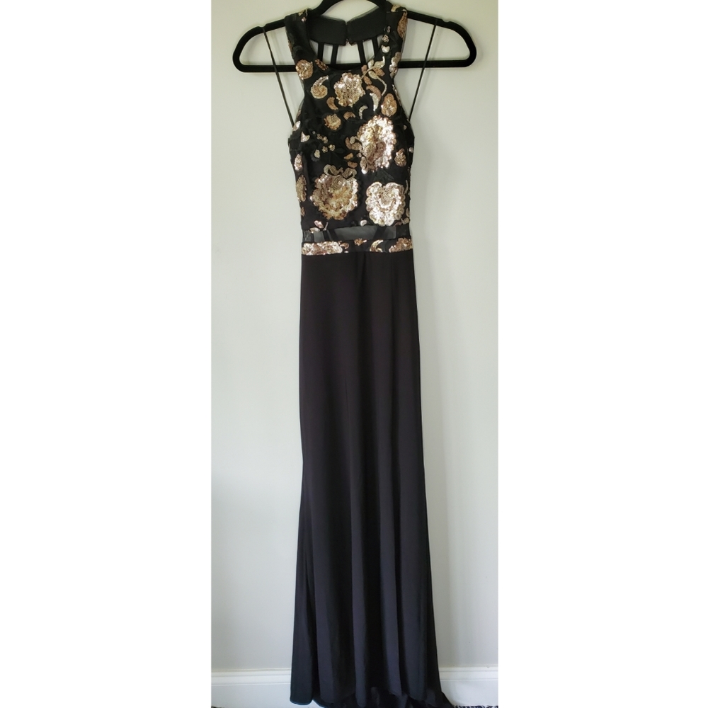 Morgan & Co Formal Sequin Grecian Neck Prom Dress